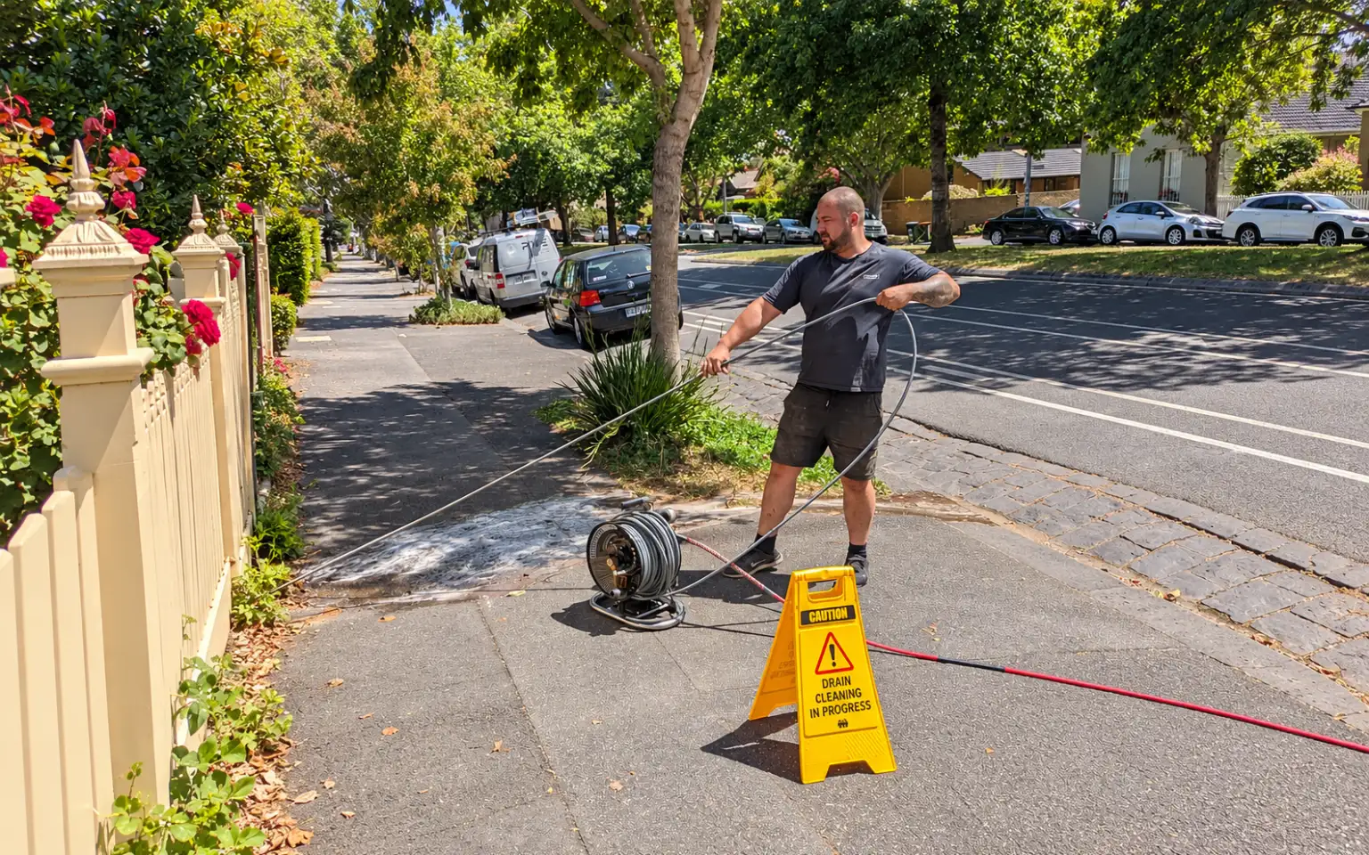 Oakleigh plumber 16 Plumber using drain-clearing equipment beside a Melbourne home