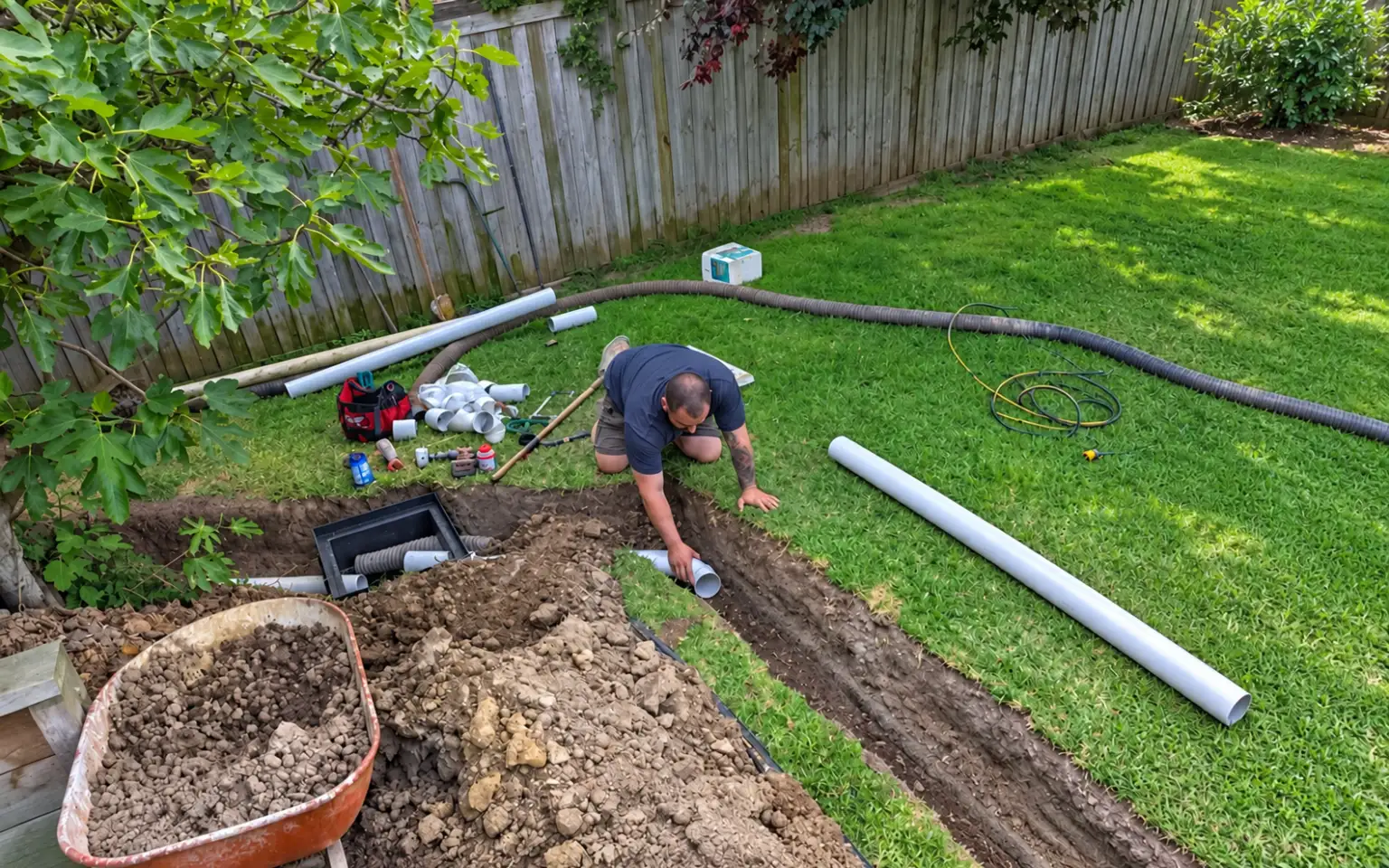 Oakleigh plumber 14 Plumber installing drainage pipes in a garden trench