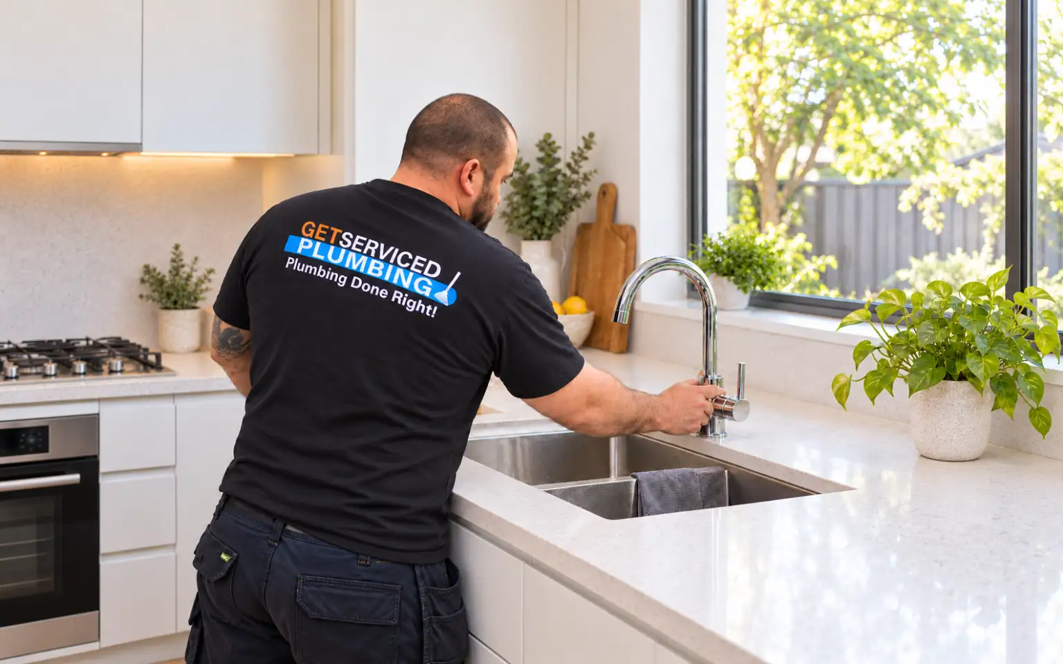 Oakleigh plumber 18 Dennis working on a kitchen mixer tap