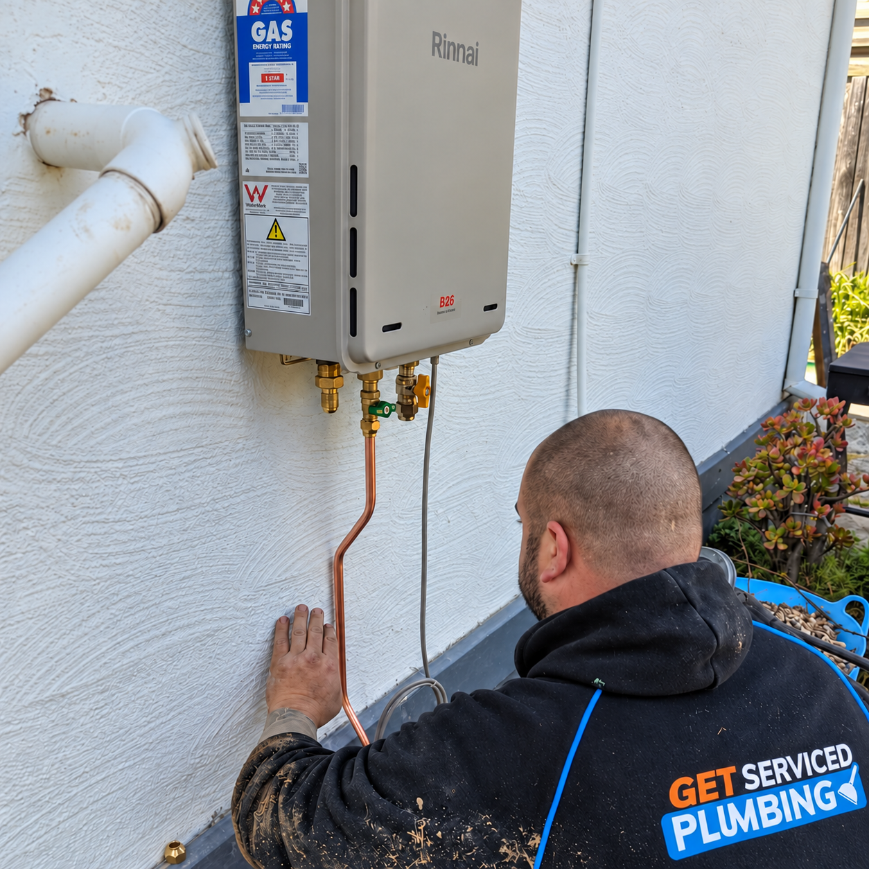 Oakleigh plumber 240 Dennis installing copper pipework beneath a Rinnai hot water system