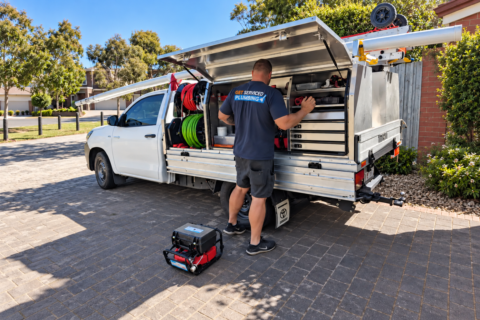 Oakleigh plumber 11 Plumber preparing tools beside a fully equipped work ute